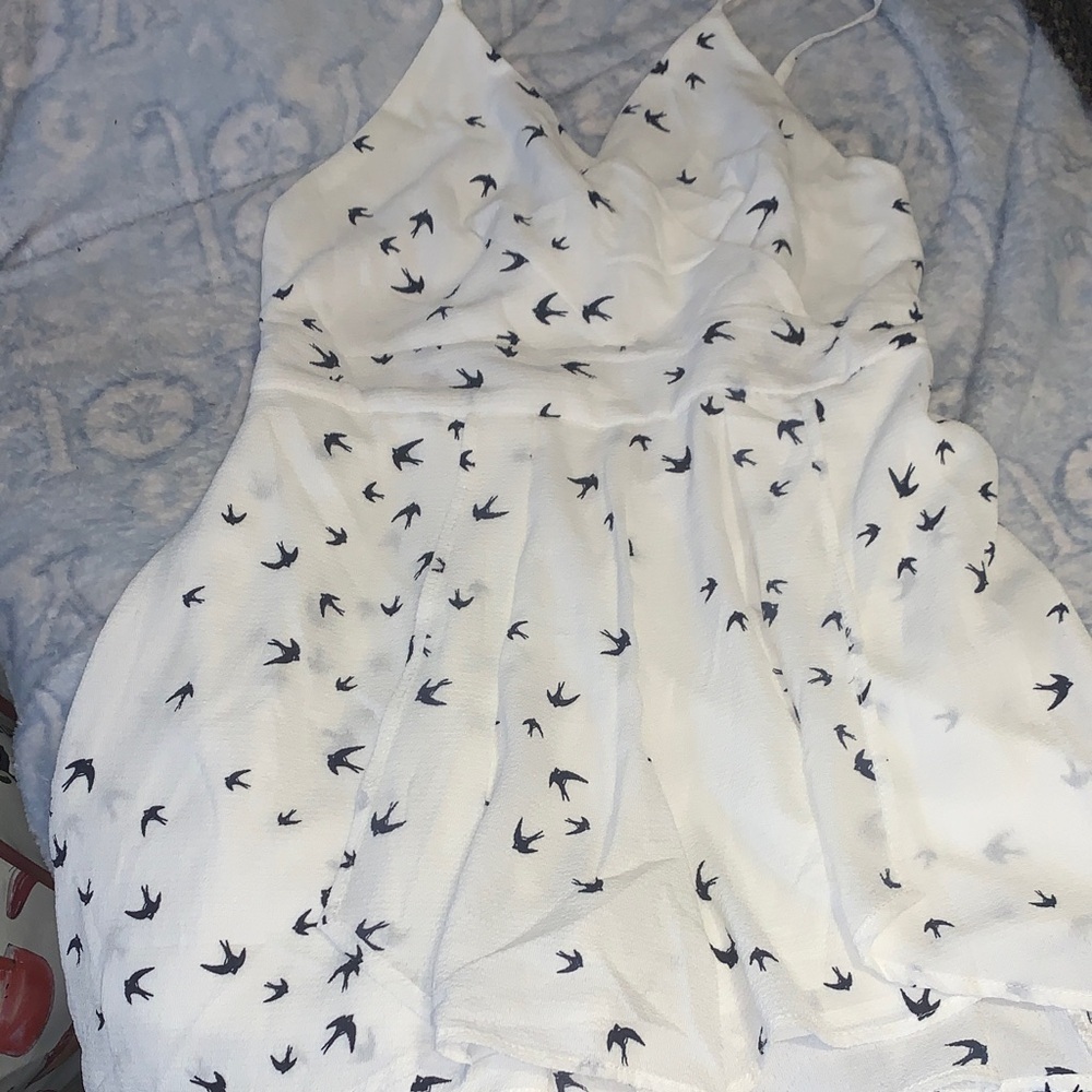 Purple Snow White and Black Bird Print romper spaghetti straps